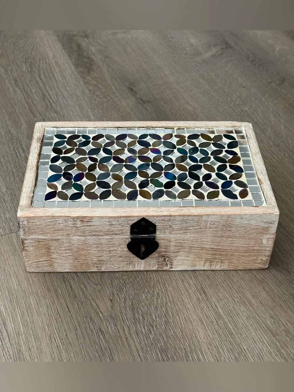 Vintage Handmade Wooden Trinket Box with Mosaic Tile Inlay and Lock